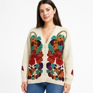 Lecomte Sweater Womens Vintage Handknit Floral Butterfly Oversized‎ Cardigan Lg